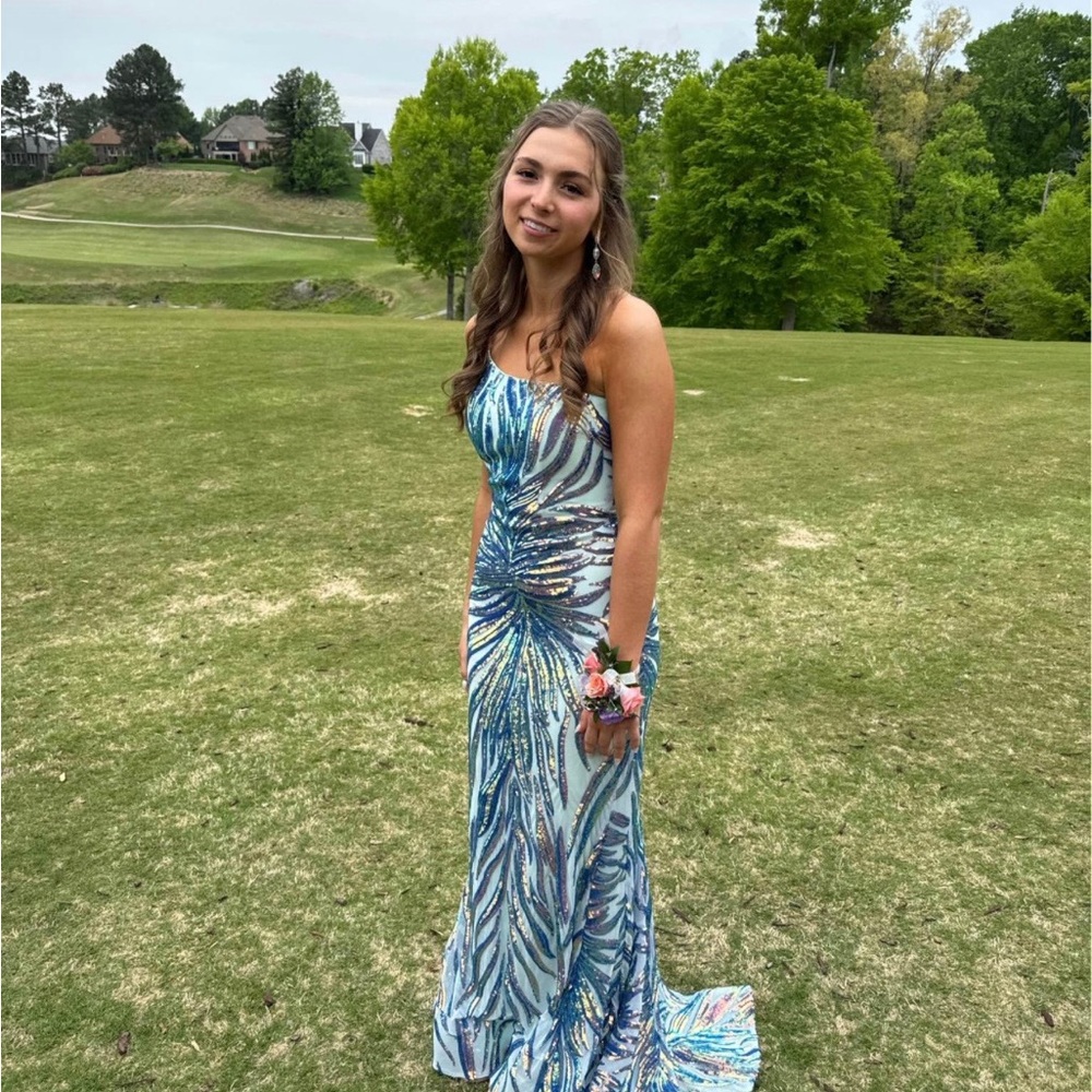 Jovani Blue and White Strapless Prom Gown
